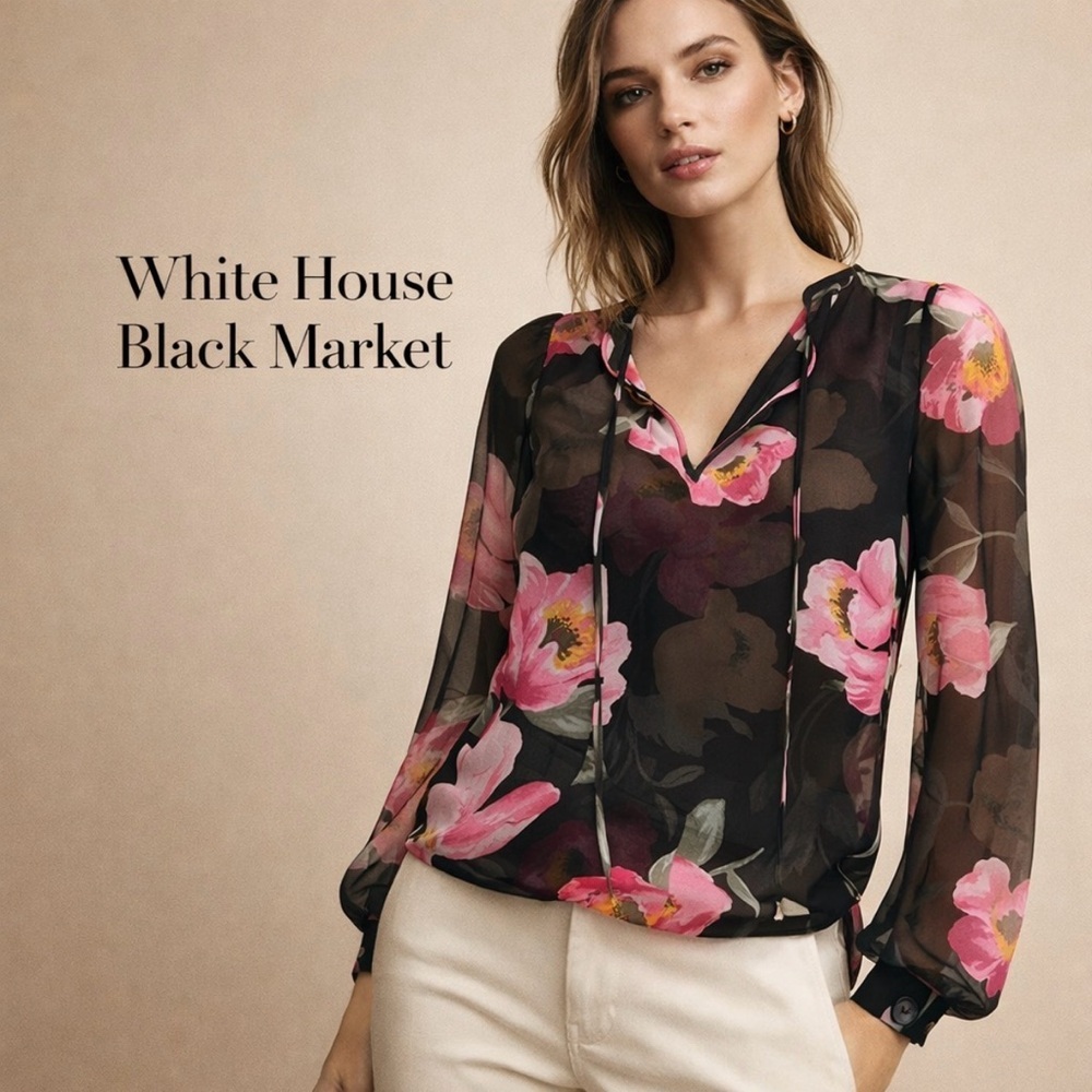 White House Black Market Black Sheer Blouse with Pink Floral Print